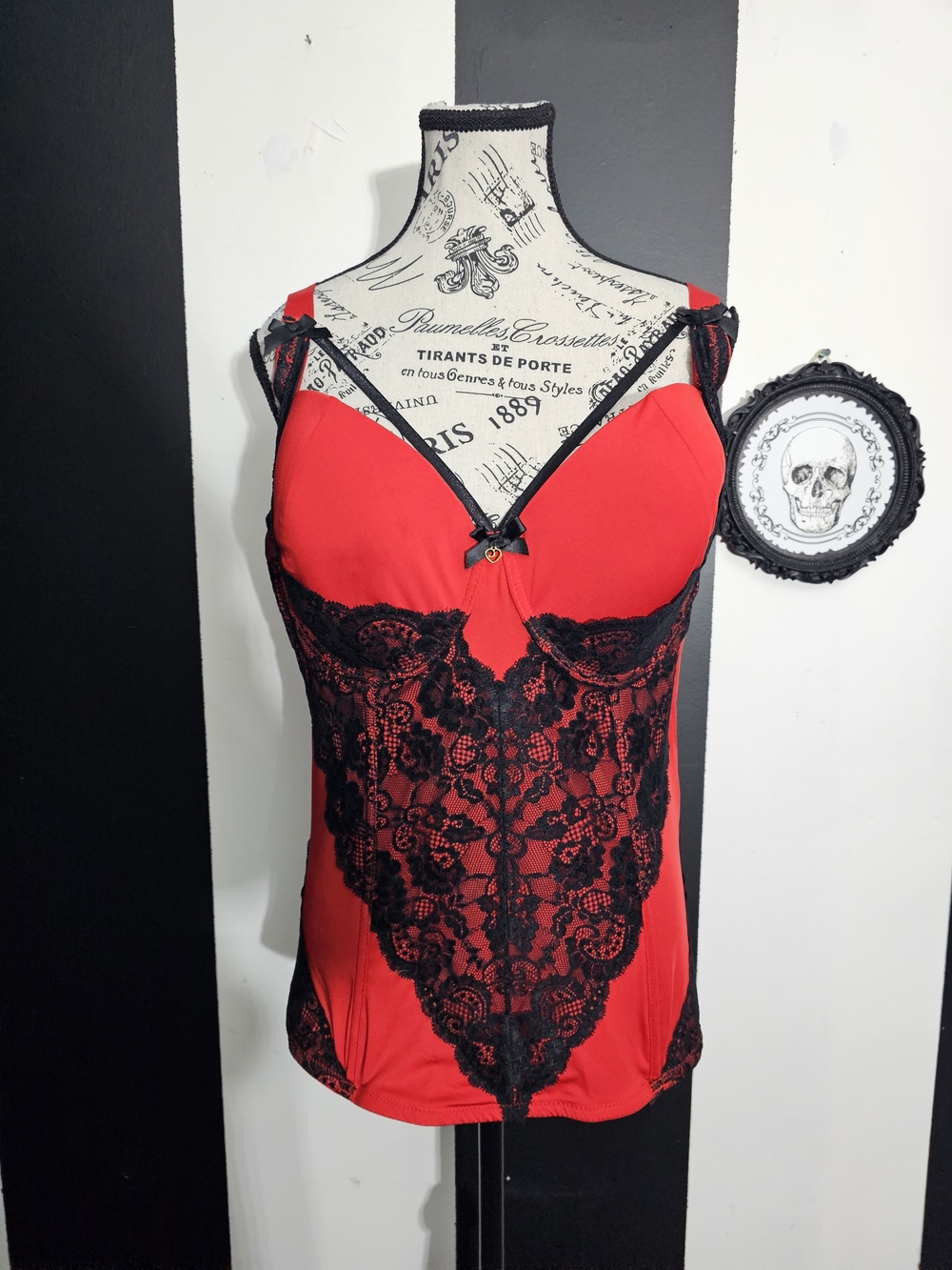 Red Lace-Front Camisole Tank Top with Black Lace Trim
